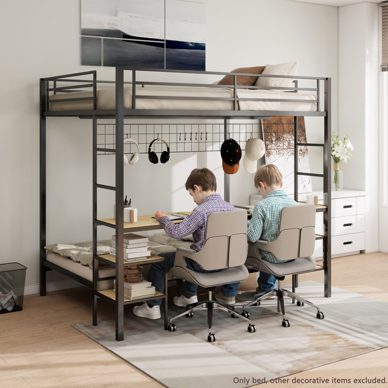 Lit superposé en métal avec tablettes de rangement, station de charge et design pour les adolescents, aucun espace requis pour le sommier tapissier - bureau d'économie, ports, chambres d'invités en treillis métallique
