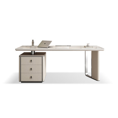 White Rectangular Sintered Stone Executive desk with drawers desk