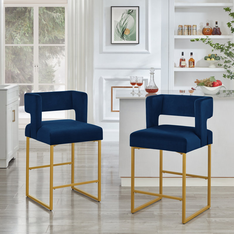 Tabouret de comptoir rembourré Alyncia, Siège bleu marine / cadre doré