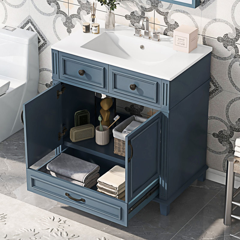 Meuble-lavabo de salle de bain avec lavabo en céramique, Noir, Bleu