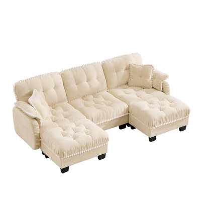 Chenille Cloud U-Shaped Sofa with 4 Pillows, Movable Ottoman Pom-Pom Trim Quilted Tufted Cushion Ergonomic Design, Easy Assembly Deep Seat Couch for Living Room Office, Apartment, Cream Beige