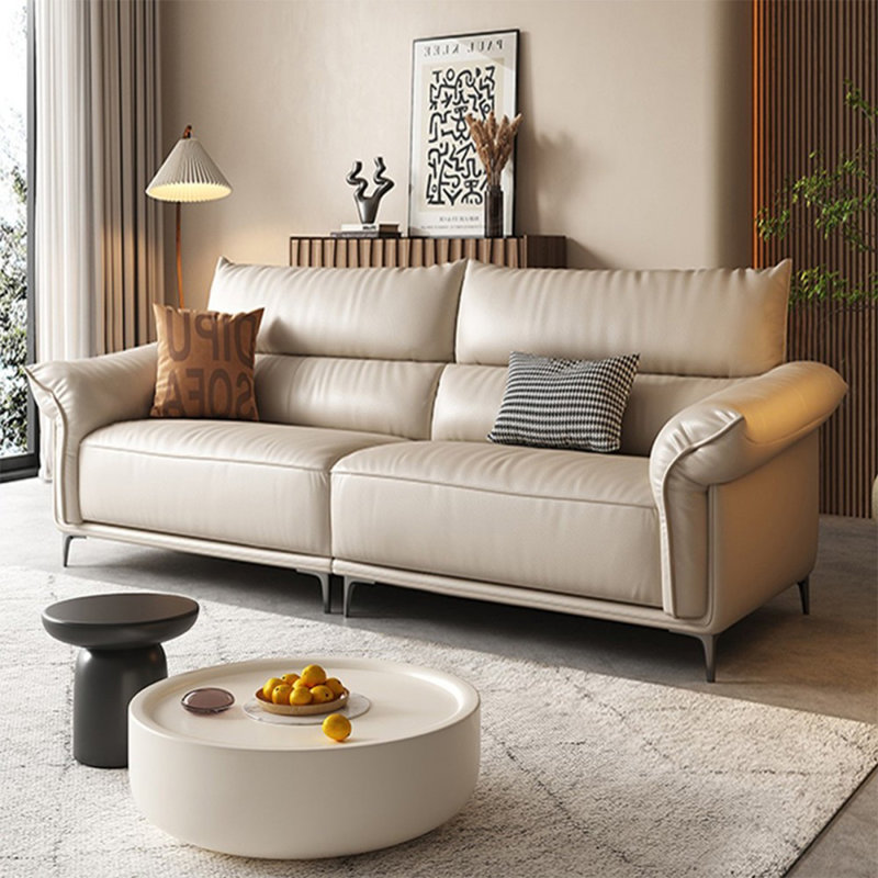 Causeuse-coussin modulaire en cuir véritable blanc crème, Blanc / crémeux, 37.4" H x 86.61" W x 39.37" D