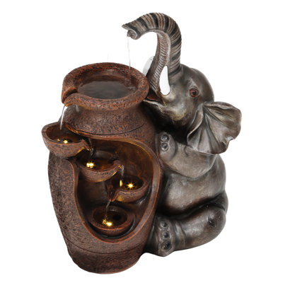 18.9"H Exquisitely Crafted Elephant Outdoor Resin Water Fountain with Lights