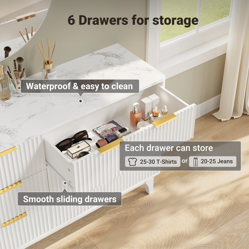 6 Drawer 54" W  Modern Fluted Dresser, White