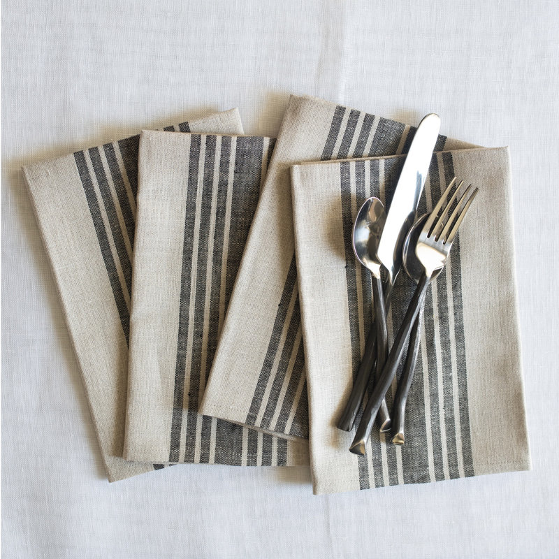 Farmhouse - 100% Pure Linen Dinner Napkins, Black and Natural