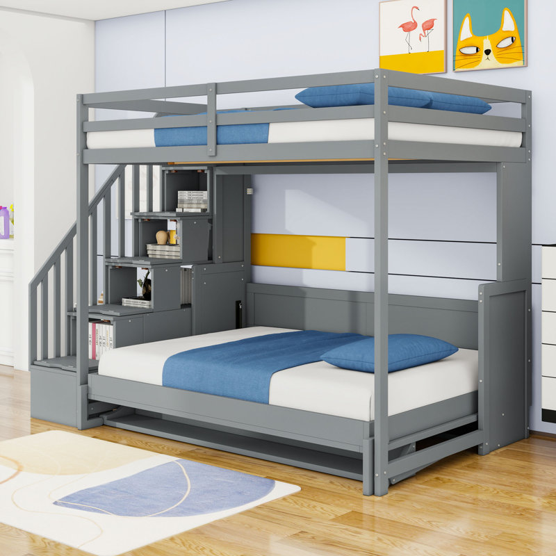 Wood Twin Over Twin Bunk Bed With Staircase, Gray