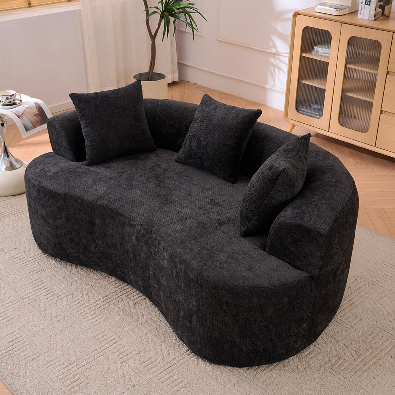 Canapé en forme de croissant, conception moderne à dossier bas avec coussins profonds, grand canapé à deux places rempli de mousse et ne nécessitant aucun assemblage (tissu chenille noir)