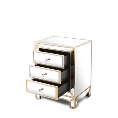 3 Drawer Cabinet With Stunning Champagne Mirror. Made Of + Thick Glass. Perfect For Living Rooms, Bedrooms, Corners. To High Temperatures, Easy Keep Tidy. Crystal Handle And Smooth Guide Rail