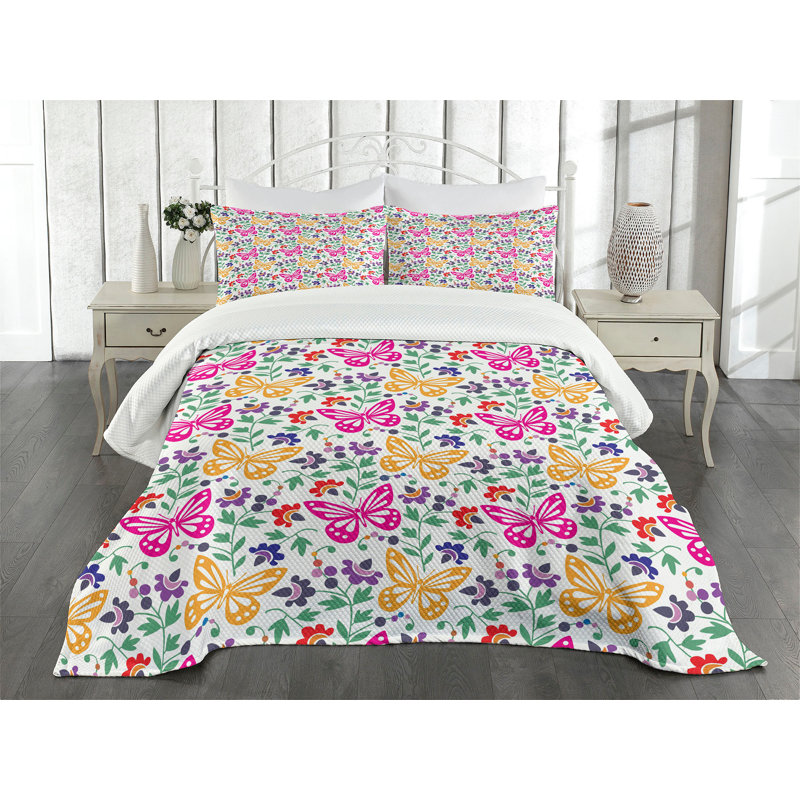 Ambesonne Spring Bedspread Set Vibrant Summer Blooms Multicolor, King Coverlet/Bedspread + 2 Standard Shams