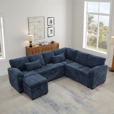97 Inch L-Shaped Corner Sectional Sofa Couch With Seat And Storage Ottoman,Chenille Fabric Corner Couch With 7 Seats & 2 Pillows For Living Room, Dark by Red Barrel Studio