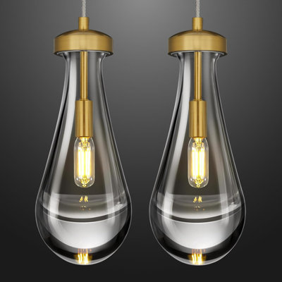 Ensemble de luminaires suspendus en forme de goutte d'eau 2 pièces avec abat-jour en verre transparent de 4,7 pouces, cordons réglables et ampoules incluses