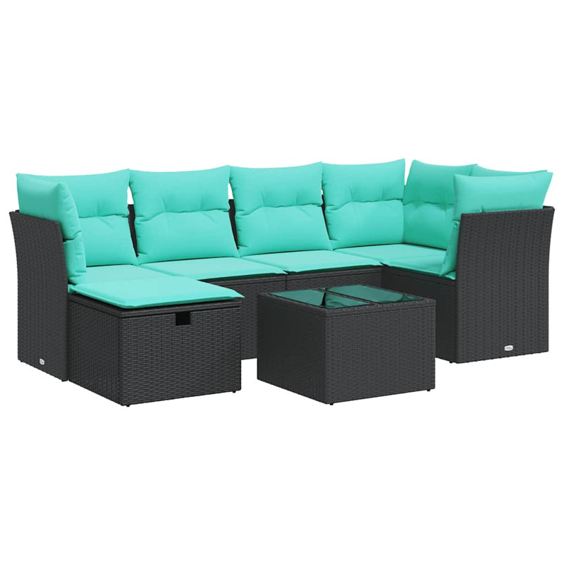  7 Piece Patio Sofa Set With Cushions Poly Rattan, Green, Black
