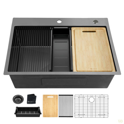 32X22 Inch Topmount   Workstation  18 Gauge Stainless Steel Single Bowl Kitchen Sink
