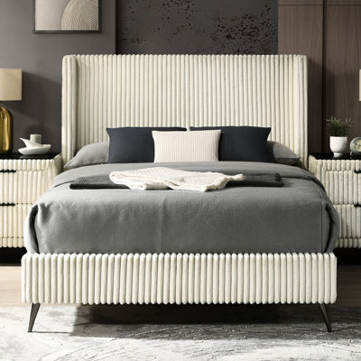 Grand lit avec revêtement crème - Tissu en velours côtelé large Wale, tête de lit à oreilles élégante, chambre à coucher moderne, revêtement luxueux de 4 lattes en bois, confortable