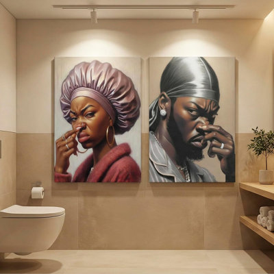 2Pcs Funny African American Bathroom Wall Art Funny Stank Face Bathroom Wall Decor Canvas Unpleasant Smell Cover Wall Art Pictures Paintings Humor Afrocentric Black Couple Pinch Nose Painting Framed