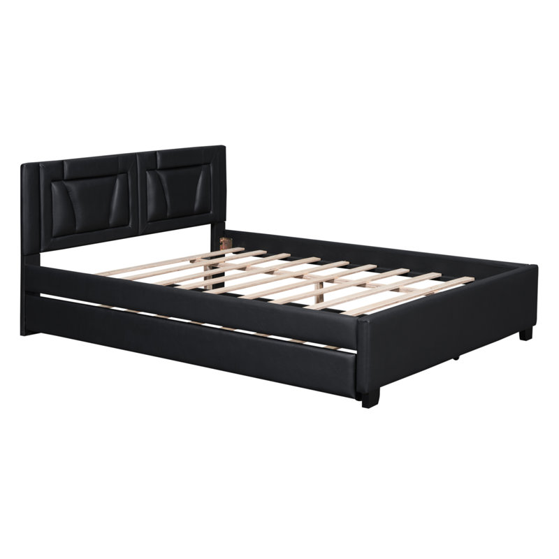 Alexondria Pyrmont Queen Size Upholstered Platform Bed With Headboard And Twin Size Trundle, Black