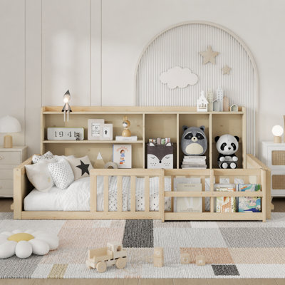 Kids Wooden Platform Bed Frame with Guardrail Fence, Side Storage Shelves & Book Shelf