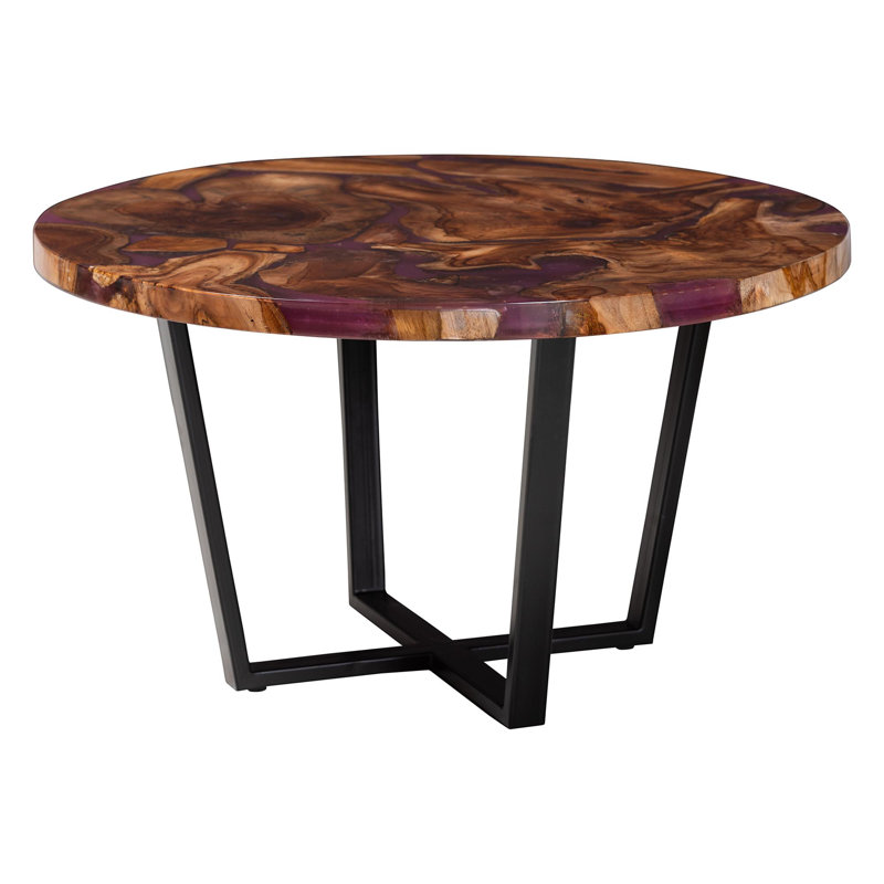 Bali & Pari Apio Round Wood Epoxy Resin Coffee Table - Handcrafted Live Edge Teak Wood Accent Table With Black Metal Base, Modern Rustic Centerpiece