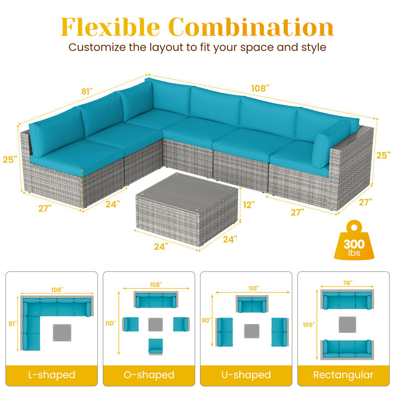 Ensemble de conversation modulaire en osier pour 6 personnes avec coussins Amarachi