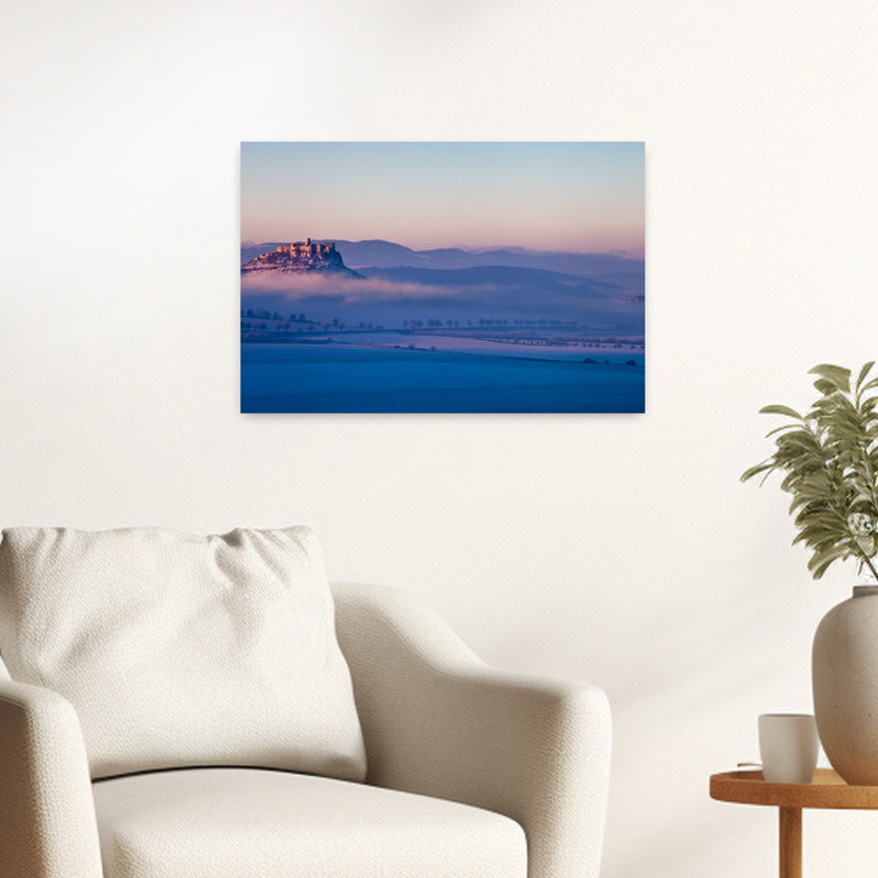 Château de conte de fées, brume, paysage paisible, serein et tranquille, impression d'art mural de montagne
