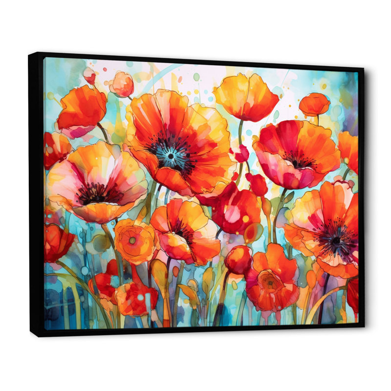 Brilliant Poppies V - Art mural floral, H 30 po x l 40 po x P 1,5 po, Cadre flottant noir