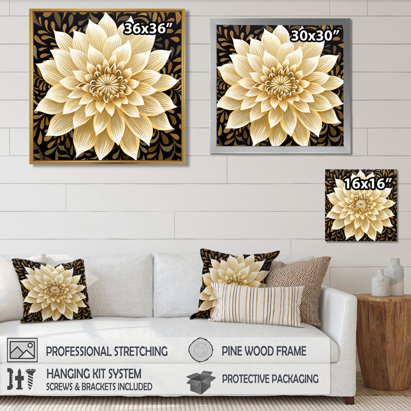 Dahlia blanc feuilles dorées rétro - impression d'art mural Dahlia, Toile avec cadre flottant noir