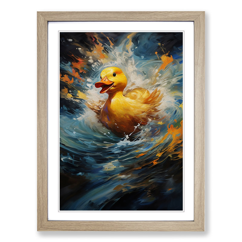 XYZ-FRM-V1223-568 Duck Action Painting 1 Piece Single Picture Frame Wall Art, 64cm H x 46cm W x 2cm D, Oak
