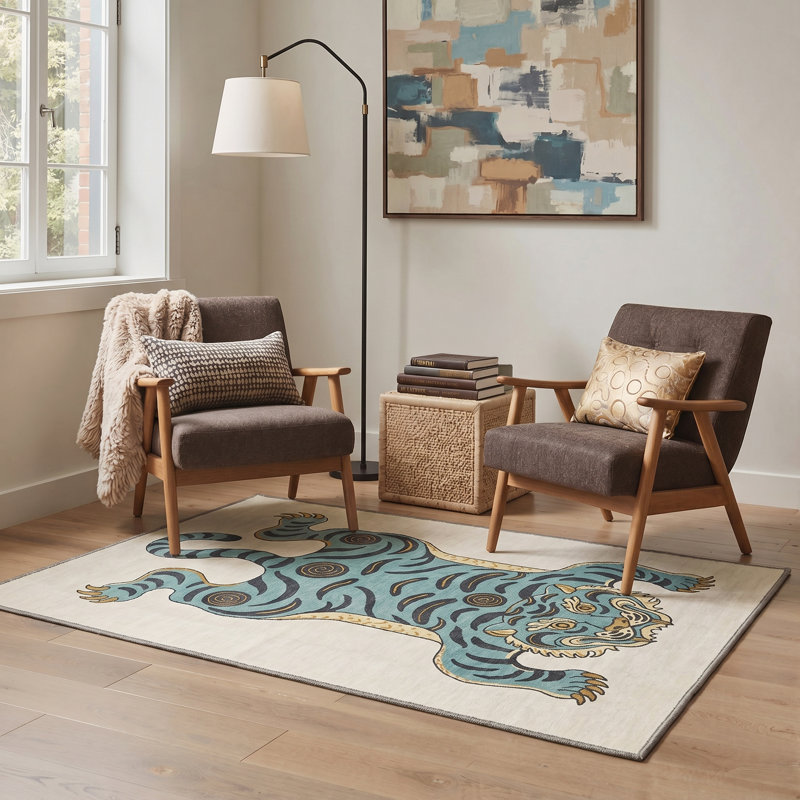 Tigris Animal Print Machine Washable Beige / Blue Indoor Area Rug with Non-Slip Backing, Rectangle 8' x 10'