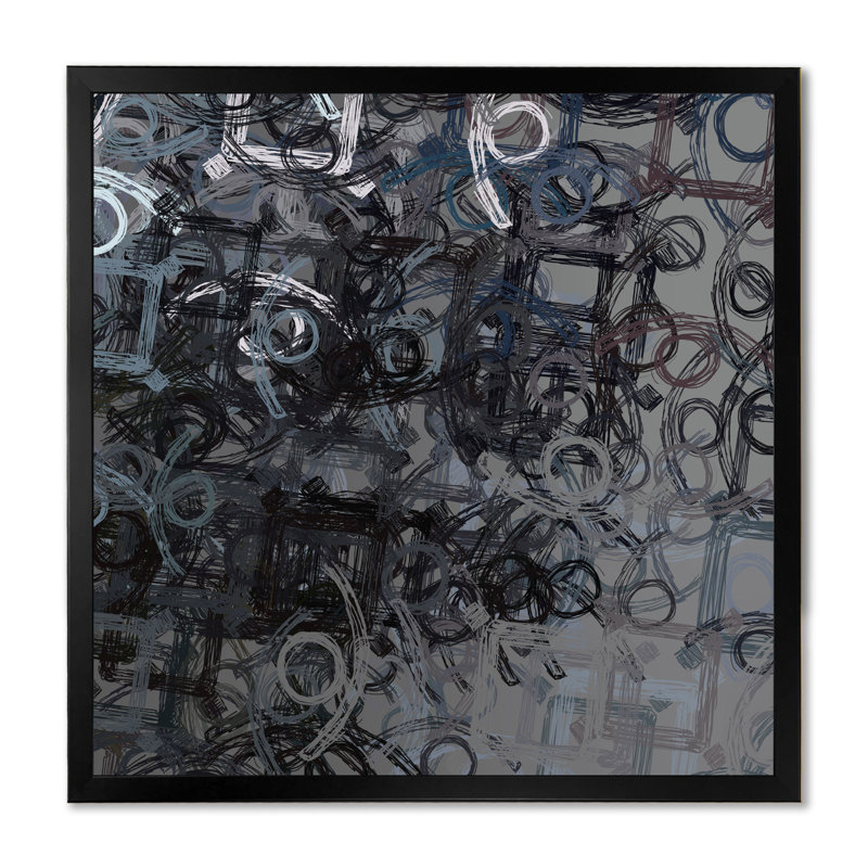 «Black and Gray Grunge Circle Art», reproduction d'art sur toile encadrée, Cadre photo noir, H 16 po x l 16 po x P 1 po