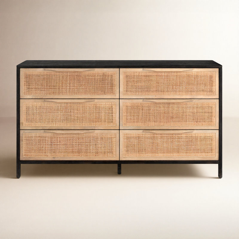 Nellie 6 Drawer Cane Dresser, Beige/Black