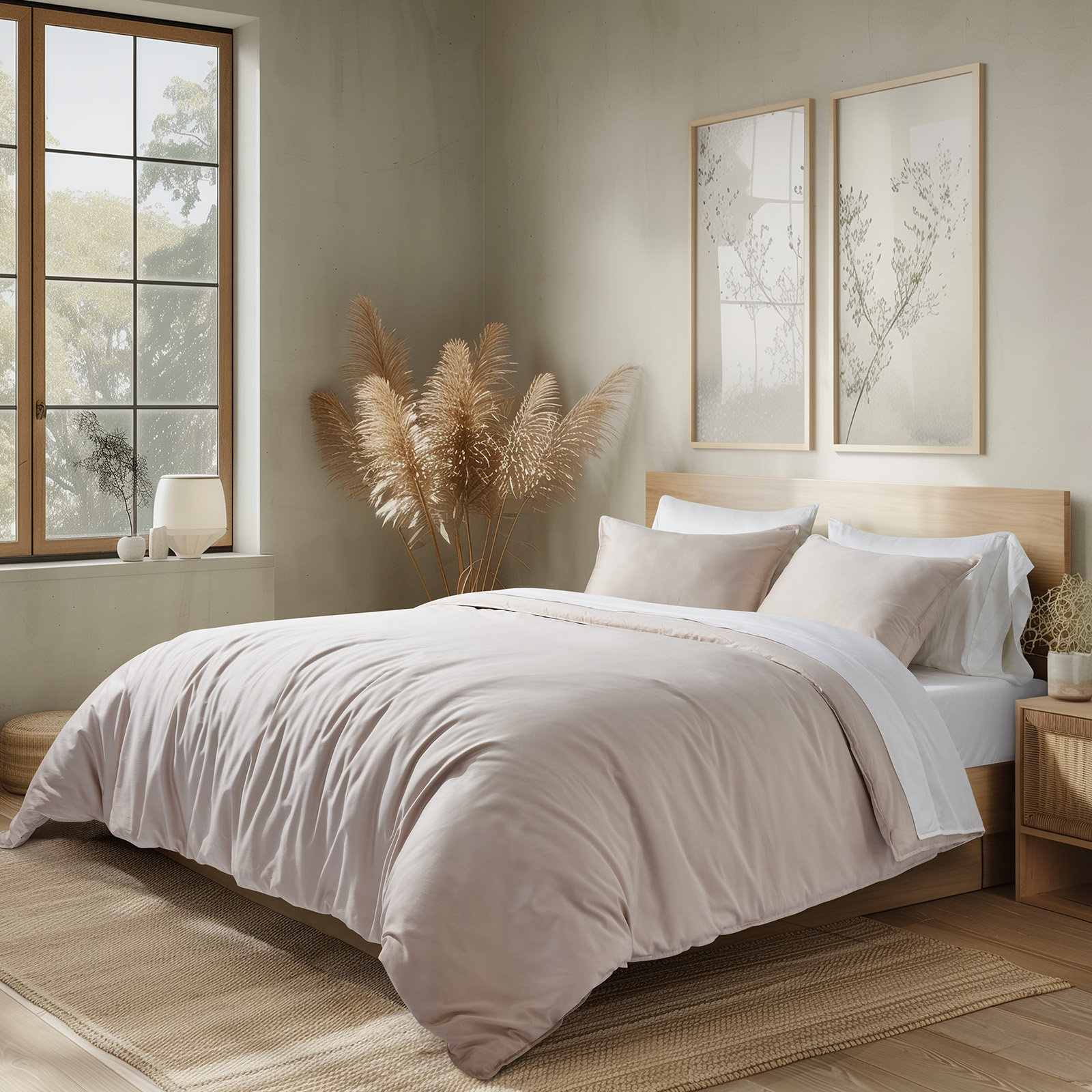 Cotton Tencel Duvet Cover Set, Beige Sand, Queen Duvet Cover + 2 Queen Shams