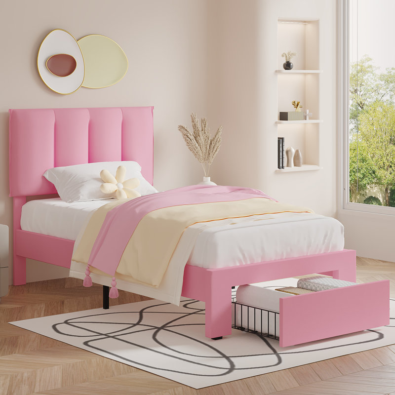 Structure de lit simple avec tiroir de rangement Cahlin, Rose, Simple