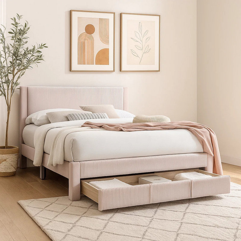 Daisy Full Bed W Drawer, Light Pink Corduroy Upholstery, Foam Headboard, Light Pink