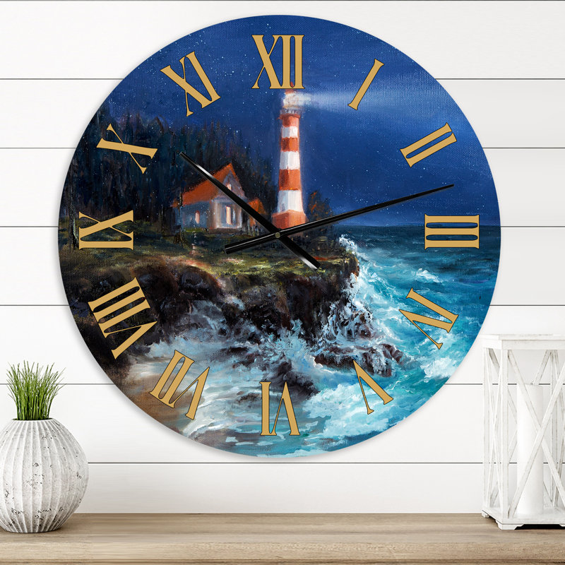 Lighthouse Shining Over Ocean At Night - Nautical & Coastal Wall Clock, Medium