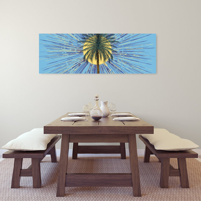 «Vibrant Palm Sunburst», art abstrait de palmiers abstraits, nature, été, H 48 po x l 16 po