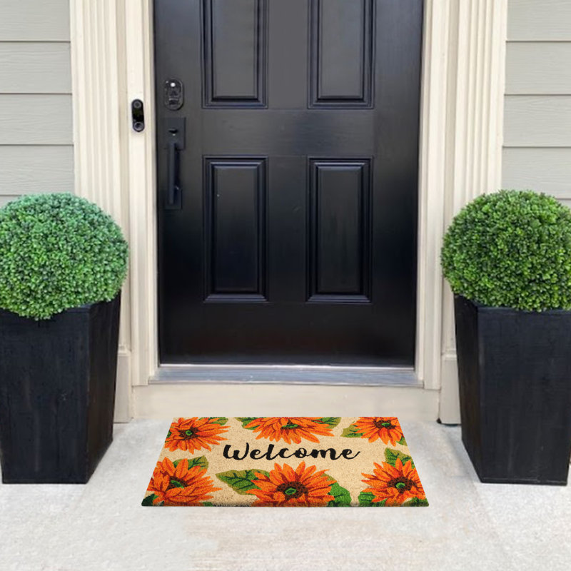 Tapis de porte en coco naturel avec envers en PVC Courtlynn, orange tournesol, 18 po x 30 po, intérieur / extérieur antidérapant