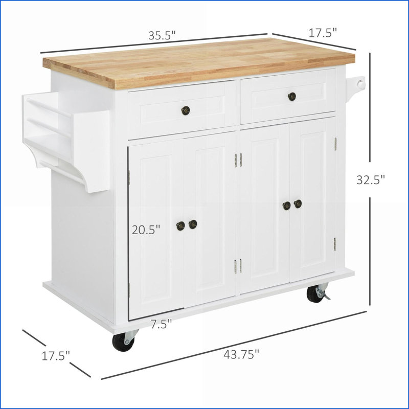 Îlot de cuisine roulant avec plateau en bois d'hévéa, rangement et amp; Roulettes verrouillables | Blanc | Panneau de fibres à densité moyenne