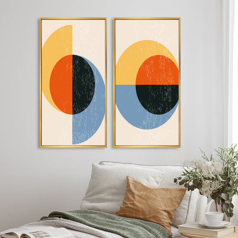 Minimal 20S Geometric Design IX - ensemble de 2 peintures, H 40 po x l 40 po x P 1,5 po, Cadre doré