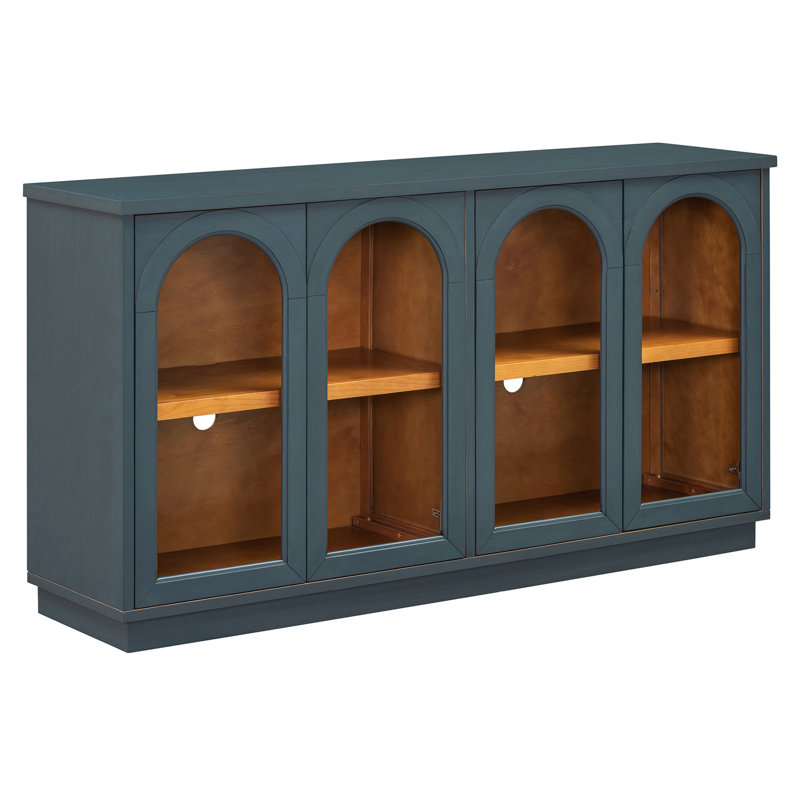 Grande armoire de rangement à 4 portes avec portes en verre, armoire arquée avec tablettes réglables pour la cuisine, la salle à manger et le salon (bleu marine)