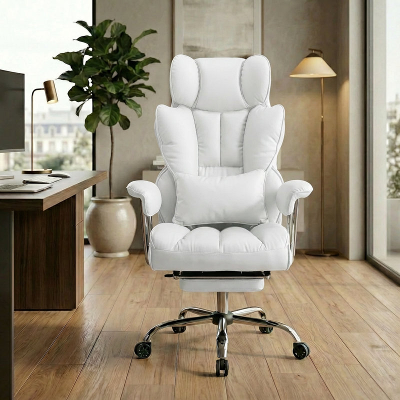Fauteuil de direction ergonomique robuste à haut dossier avec repose-pieds rétractable, 400 lb, blanc, White
