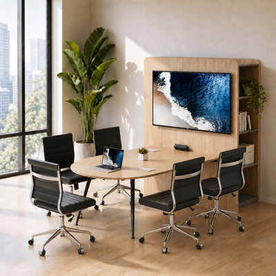 Okeysen 90" Conference Table Set with TV Wall & Power Outlets & 5 Mid-Back Upholstered Armless Swivel Task Chairs
