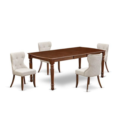 Cet ensemble de salle à manger 5 pièces comprend une table de salle à manger rectangulaire avec des rallonges papillon et 4 chaises rembourrées en tissu de lin, acajou