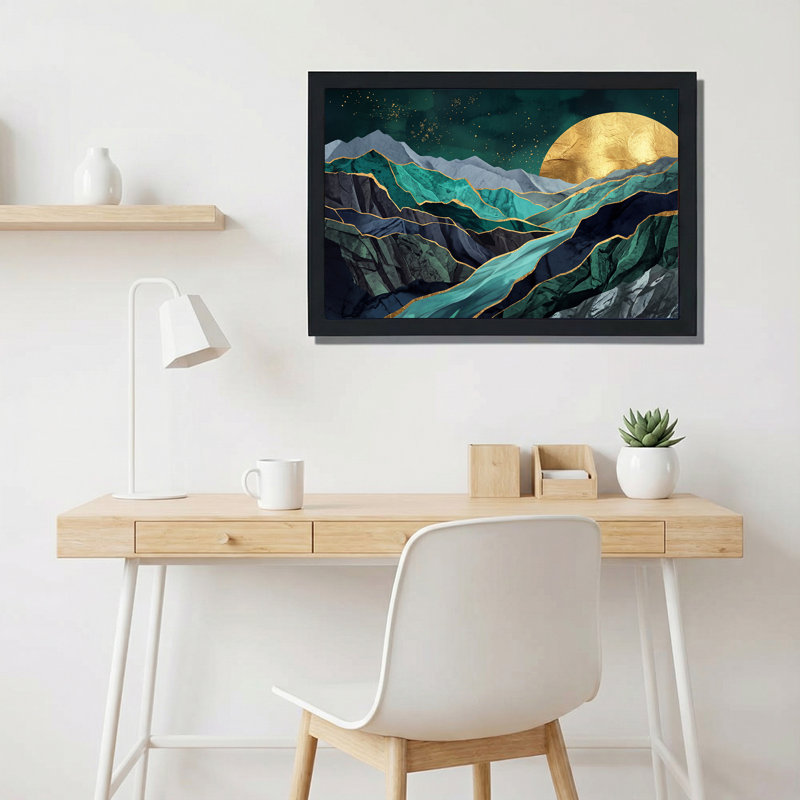 Art abstrait sur toile abstrait bleu sarcelle et montagnes grises avec lune dorée, 24"H x 36"W