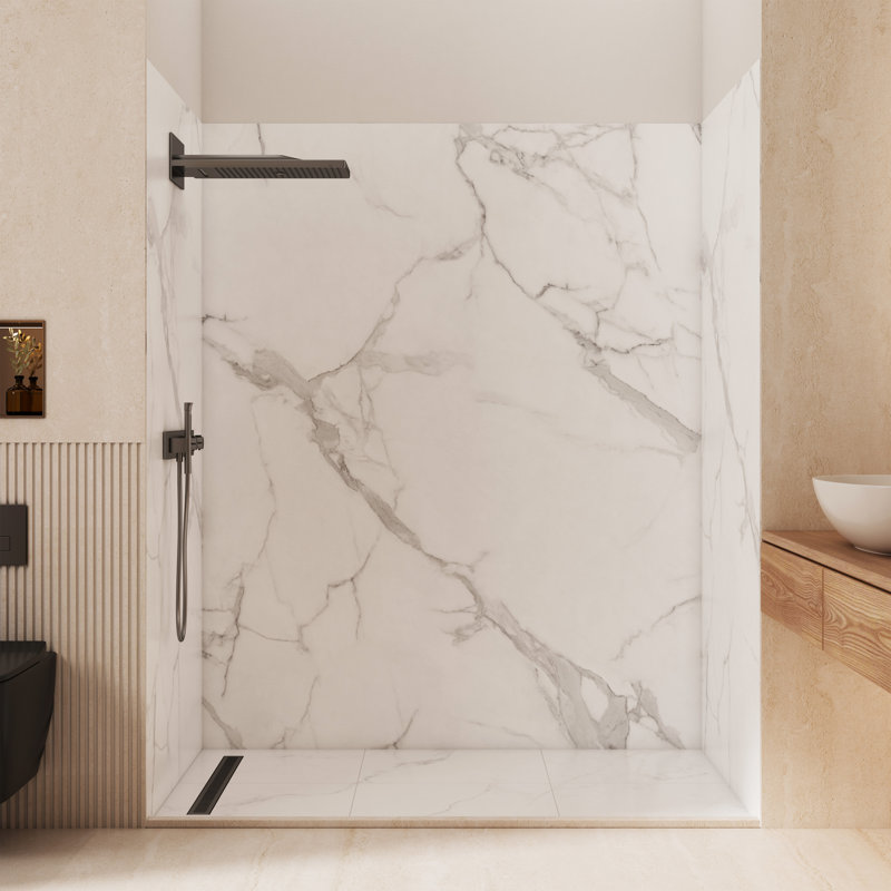 Ensemble de douche mural 3 pièces avec panneau imperméable texturé et découpable en marbre blanc Carrare