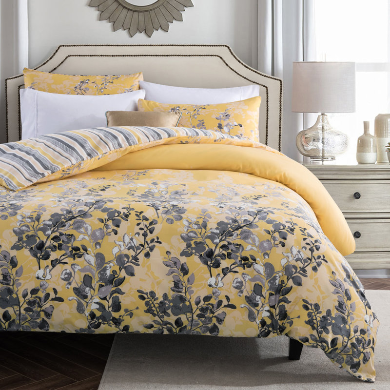 Sequoyah Microfiber Flora Reversible Duvet Cover with Pillowcases, King Duvet Cover + 2 Standard Pillowcases, Ocher Blossom