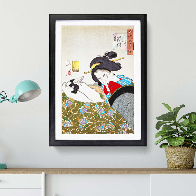 Reading with the Cat by Tsukioka Yoshitoshi - Picture Frame Painting Print, Black Framed, 65cm H x 48cm W x 2cm D