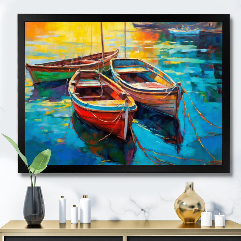 Trois bateaux dans le port I - impression sur toile Coastal Port, Cadre noir, H 34 po x l 44 po x P 1,5 po