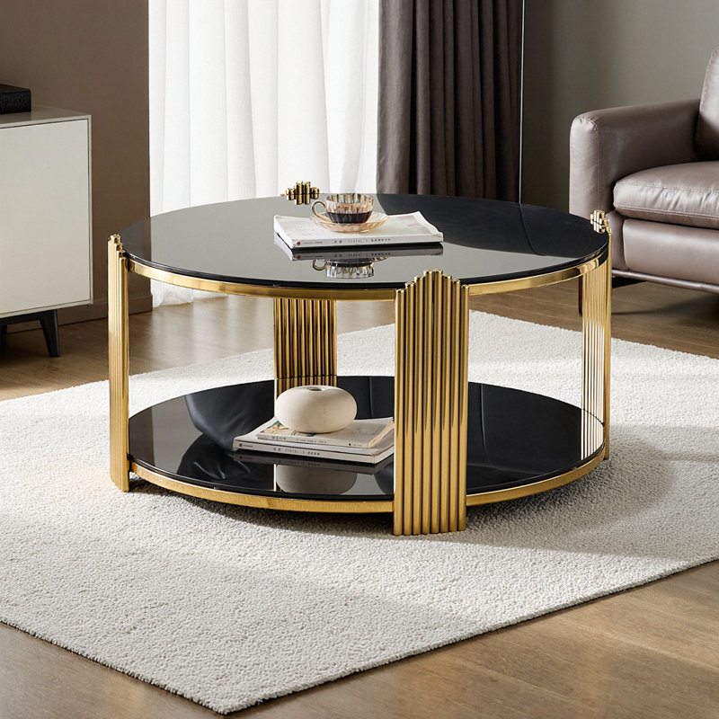 Table basse moderne moderne à double couche avec cadre en verre trempé et en métal - Assemblage facile