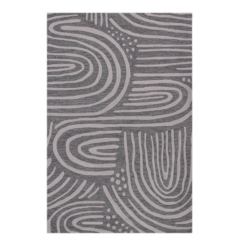 Tapis gris / ivoire en laine / coton à la main Abstract, Rectangle 9 pi x 12 pi