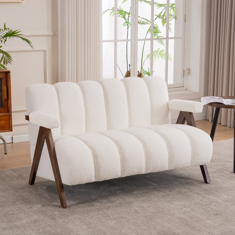 Azareu 60”Wide 2 seat Upholstered Tufted Boucle Arm Loveseat with Wooden Armrests, Ivory
